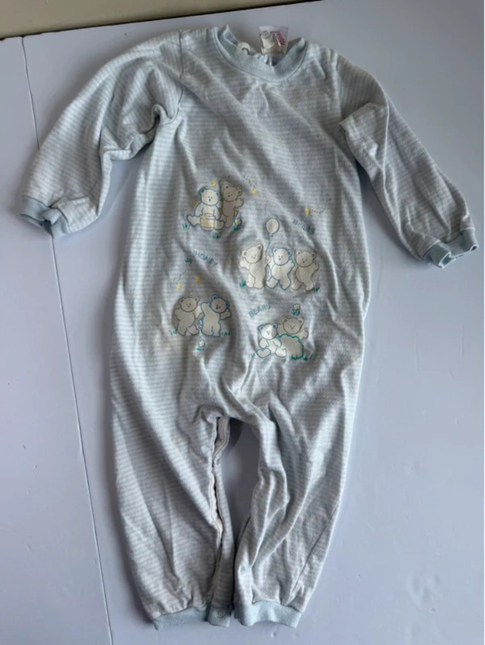Vintage Buster Brown Baby Coverall Striped Teddy Bear Romper Size 18-24M USA